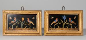 Florence, 18th century, Pair of commesso marble plaques depicting birds and butterflies on shrubs (with murrina eyes)